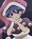  1girl blue_eyes blue_hair blush doremy_sweet dress hair_between_eyes hat multicolored_clothes multicolored_dress nightcap open_mouth pom_pom_(clothes) red_headwear rokugou_daisuke short_hair signature smile solo touhou upper_body 