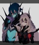  1boy 1girl armor bangs black_armor black_mask blue_hair bone breastplate cape cloak commentary_request covered_mouth cropped_torso domino_mask fire_emblem fire_emblem_heroes fur_cloak grey_hair hair_between_eyes horned_mask horns lif_(fire_emblem) long_hair looking_at_viewer mask mouth_mask pale_skin red_eyes short_hair shoulder_armor skull t3oekkyu9 thrasir_(fire_emblem) white_cape 