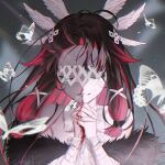  1girl bandages bangs bare_shoulders black_hair blood coat collarbone columbina_(genshin_impact) commentary eye_mask fur-trimmed_coat fur_trim genshin_impact hands_up head_wings highres hyun9164 long_hair multicolored_hair nosebleed own_hands_clasped own_hands_together pink_hair smile streaked_hair two-tone_hair white_mask wing_hair_ornament 