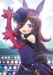  1girl :d animal_ears bangs bare_shoulders black_headwear brown_hair commentary_request hair_over_one_eye horse_ears light_blush long_hair long_sleeves looking_at_viewer one_eye_covered open_mouth paw_pose rice_shower_(umamusume) signature smile solo tilted_headwear umamusume violet_eyes yukino_minato 
