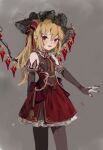  1girl :d alternate_costume bangs black_gloves black_headwear blonde_hair crystal feet_out_of_frame fingerless_gloves flandre_scarlet gloves grey_background highres long_hair looking_at_viewer open_mouth red_eyes red_nails reddizen simple_background smile solo standing touhou wings 