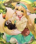 1girl absurdres animal_ears animal_on_head arknights bag black_cat blonde_hair blush brown_bag cardigan cat cat_on_head clenched_teeth day dress finger_to_mouth flower forest fox_ears fox_girl fox_tail frilled_hairband frills grass green_dress green_eyes hair_between_eyes hair_down hairband highres index_finger_raised leaf long_hair long_sleeves looking_at_viewer luoxiaohei nature neck_ribbon official_alternate_costume on_head open_cardigan open_clothes outdoors red_flower red_ribbon ribbon satchel seiza shoulder_bag shushing sitting smile solo suzuran_(arknights) suzuran_(spring_praise)_(arknights) tail takumi_mizuki teeth the_legend_of_luo_xiaohei yellow_cardigan