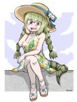  1girl bare_legs bare_shoulders blush bow braid crossed_legs dress glasses green_hair hat hat_bow highres kemono_friends kemono_friends_3 leaf_print lizard_tail long_hair multicolored_hair official_alternate_costume reptile_girl sandals sitting sleeveless solo spaghetti_strap spectacled_caiman_(kemono_friends) sun_hat syumo tail twin_braids white_dress white_footwear 