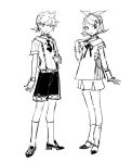  1boy 1girl arm_at_side bangs bow closed_mouth collared_shirt flipped_hair full_body hair_between_eyes hair_bow high_contrast kagamine_len kagamine_rin kneehighs legs_apart legs_together lineart looking_at_viewer low_ponytail miku_symphony_(vocaloid) monochrome neck_ribbon necktie open_mouth parted_bangs rella ribbon shirt shoes short_hair short_necktie short_ponytail short_sleeves shorts sketch smile socks standing suspender_shorts suspenders vocaloid wrist_cuffs 