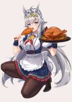  1girl :o ahoge alternate_costume animal_ears apron black_footwear black_pantyhose blue_eyes breasts chicken_(food) chicken_leg detached_collar enmaided food grey_background grey_hair hair_flaps hairband high_heels highres holding holding_food horse_ears horse_girl horse_tail kneeling large_breasts long_hair looking_at_viewer maid maid_apron maid_headdress neck_ribbon oguri_cap_(umamusume) pantyhose puffy_short_sleeves puffy_sleeves ribbon short_sleeves simple_background tail umamusume vococo white_apron 