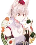  1girl animal_ears autumn_leaves bangs black_gloves carrot closed_mouth commentary_request cucumber cucumber_slice eating eggplant elbow_gloves fingerless_gloves food gloves hair_between_eyes hat highres holding holding_food inubashiri_momiji leaf maple_leaf matsukuzu onigiri pink_nails pom_pom_(clothes) red_eyes red_headwear rice shirt short_hair simple_background sleeveless sleeveless_shirt solo sushi tokin_hat touhou turtleneck upper_body wavy_mouth white_background white_hair wolf_ears wolf_girl 