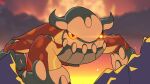  black_sclera blurry blurry_background closed_mouth colored_sclera commentary drunkoak embers english_commentary glowing glowing_eye heatran highres looking_at_viewer no_humans orange_eyes outdoors pokemon pokemon_(creature) solo standing underlighting volcano 