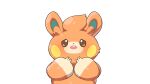  animal_focus blush blush_stickers brown_eyes buck_teeth commentary drunkoak english_commentary half-closed_eyes hands_up highres looking_at_viewer no_humans open_mouth pawmi pokemon pokemon_(creature) solo standing straight-on teeth transparent_background upper_body 