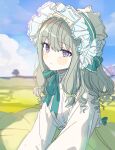  1girl aqua_bow bangs blue_sky blush bonnet bow closed_mouth clouds day field frilled_hat frills green_hair green_skirt hair_bow hat highres kusanagi_nene long_hair long_sleeves looking_at_viewer low-tied_long_hair outdoors pjmiyo project_sekai puffy_long_sleeves puffy_sleeves shirt sidelocks sitting skirt sky solo tree victorian violet_eyes white_headwear white_shirt 