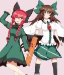  2girls ;d animal_ears arm_cannon asymmetrical_footwear black_wings bow braid cape cat_ears cat_tail dress green_bow green_dress green_skirt hair_bow highres kaenbyou_rin long_hair long_sleeves mismatched_footwear multiple_girls multiple_tails one_eye_closed open_mouth red_eyes redhead reiuji_utsuho seo_haruto skirt smile tail third_eye touhou twin_braids weapon white_cape wings 