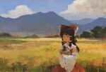  1girl ascot bottle brown_hair closed_eyes collared_shirt detached_sleeves faux_traditional_media frilled_shirt_collar frills hakurei_reimu highres landscape medium_hair mikado_(winters) mountainous_horizon red_shirt red_skirt ribbon-trimmed_sleeves ribbon_trim shirt sidelocks skirt sleeveless sleeveless_shirt solo touhou tree white_sleeves wide_sleeves yellow_ascot 