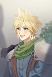  1boy ah_yoshimizu armor black_gloves blonde_hair blue_eyes blue_shirt blush cloud_strife crisis_core_final_fantasy_vii earrings final_fantasy final_fantasy_vii gloves green_scarf hair_between_eyes hand_on_another&#039;s_shoulder highres jewelry long_sleeves looking_at_another male_focus open_mouth out_of_frame plant scarf shirt short_hair shoulder_armor single_earring smile spiky_hair suspenders teeth upper_body upper_teeth 