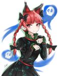  1girl :3 animal_ears black_bow bow braid cat_ears dress fang fang_out hair_bow kaenbyou_rin long_sleeves multiple_tails paw_pose red_eyes redhead solo syneyukito tail touhou twin_braids 