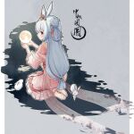  1girl animal animal_ears bangs barefoot braid braided_bun chinese_clothes closed_mouth commentary double_bun earth_(planet) from_behind grey_hair hair_between_eyes hair_bun hanfu highres long_hair looking_at_viewer looking_back momona_(mvv) original planet rabbit rabbit_ears red_eyes seiza sitting smile solo symbol-only_commentary too-ye very_long_hair 