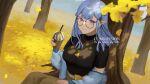  1girl autumn_leaves bangs black_shirt blue_hair blue_sweater breasts brown_skirt commission cup e5nf8v english_text glasses hair_behind_ear hand_on_own_thigh highres holding holding_cup indie_virtual_youtuber looking_at_viewer medium_breasts off_shoulder pointy_ears rae_laveire round_eyewear shirt shirt_tucked_in sitting skeb_commission skirt smile solo sweater tree violet_eyes virtual_youtuber 