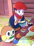  1boy 1other black_hair blue_eyes cabbie_hat chopsticks commentary_request eating food food_on_face galaxy_expedition_team_survey_corps_uniform hat highres holding holding_chopsticks japanese_clothes kaichi210 map pokemon pokemon_(game) pokemon_legends:_arceus red_headwear red_scarf rei_(pokemon) rowlet scarf solo table wooden_table 