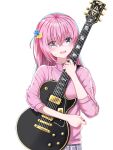  1girl blue_eyes blush bocchi_the_rock! commentary_request electric_guitar gibson_les_paul gotou_hitori guitar hair_ornament highres holding holding_instrument instrument jacket jersey long_hair mitsumoti_8 pink_hair shaded_face skirt solo sweatdrop track_jacket track_suit 