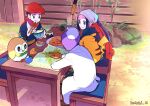  1girl 2boys akari_(pokemon) artist_name black_hair blue_eyes cabbie_hat chopsticks commentary_request eating food food_on_face galaxy_expedition_team_survey_corps_uniform hat highres holding holding_chopsticks japanese_clothes kaichi210 labcoat laventon_(pokemon) map multiple_boys pikachu pokemon pokemon_(game) pokemon_legends:_arceus red_headwear red_scarf rei_(pokemon) rowlet scarf smile solo table wooden_table 