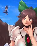  2girls =3 akanbe blue_sky bow broom broom_riding cape day green_bow hair_bow hat kirisame_marisa long_hair multiple_girls reiuji_utsuho sekiyu_(spartan) short_sleeves sky solo_focus third_eye tongue tongue_out touhou wings witch_hat 