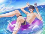  1boy abs blue_eyes bubble earrings elo hair_between_eyes highres indie_virtual_youtuber innertube jewelry male_focus male_swimwear muscular muscular_male ocean open_mouth purple_hair short_hair shoto_(vtuber) smile soap_bubbles solo swim_trunks swimsuit virtual_youtuber 