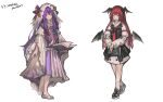  2girls absurdres bat_wings blue_bow book bow capelet crescent crescent_hair_ornament dress hair_ornament head_wings highres holding holding_book hua_ha_jiazi koakuma long_hair long_sleeves multiple_girls patchouli_knowledge purple_hair red_eyes redhead shoes simple_background striped striped_dress touhou wings 