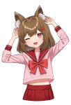  1girl ;d animal_ear_fluff animal_ears arms_up azu_(azusayumix) bangs bow brown_hair commentary_request copyright_request fangs food-themed_hair_ornament hair_between_eyes hair_ornament hairclip highres leaning_to_the_side long_sleeves midriff_peek navel one_eye_closed pink_shirt pleated_skirt red_bow red_eyes red_sailor_collar red_skirt sailor_collar shirt simple_background skirt smile solo strawberry_hair_ornament virtual_youtuber white_background 