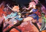 2girls :o absurdres ahoge arm_guards asymmetrical_hair bangs bare_shoulders battle black_bow black_footwear black_scarf blonde_hair blue_eyes blue_kimono bow breasts closed_mouth detached_sleeves dual_wielding earrings fate/grand_order fate_(series) feet_out_of_frame hair_bow hair_ornament haori highres holding japanese_clothes jewelry katana kimono leaf_print long_hair looking_at_another maple_leaf_print miyamoto_musashi_(fate) multiple_girls obi okita_souji_(fate) okita_souji_(koha-ace) open_mouth pink_hair ponytail sash scarf sheath sheathed shinsengumi short_hair short_kimono single_sidelock sleeveless sleeveless_kimono sword thigh-highs thighs uniform weapon white_kimono yellow_eyes zuihou_de_miao_pa_si 