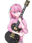  1girl blue_eyes blush bocchi_the_rock! commentary_request electric_guitar gibson_les_paul gotou_hitori guitar hair_ornament highres holding holding_instrument instrument jacket jersey long_hair long_sleeves mitsumoti_8 pink_hair skirt solo track_jacket track_suit 