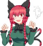  1girl animal_ears bow braid cat_ears cat_tail claw_pose dress hair_bow highres kaenbyou_rin long_sleeves multiple_tails nekomata red_eyes redhead seo_haruto tail touhou twin_braids two_tails upper_body 