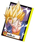  1boy blonde_hair dragon_ball dragon_ball_z earrings electricity fenyon green_eyes grin highres jewelry male_focus potara_earrings smile solo spiky_hair super_saiyan super_saiyan_1 upper_body vegetto 