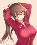  1girl breasts brown_hair glasses hair_tie highres jacket jersey kashiwamochi_yomogi large_breasts long_hair long_sleeves looking_at_viewer mouth_hold original ponytail red_eyes solo track_jacket track_suit upturned_eyes 