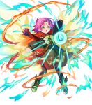  1girl alternate_costume bangs black_dress blush boots capelet child dress facial_mark fae_(fire_emblem) feather_trim female_child fire_emblem fire_emblem:_the_binding_blade fire_emblem_heroes floating floating_object forehead_mark full_body glowing gold_trim gradient gradient_clothes green_eyes highres long_sleeves non-web_source official_art open_mouth outstretched_arms pantyhose pointy_ears satoupote shiny shiny_hair short_dress short_hair spread_arms stone transparent_background wings 