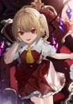  1girl :p absurdres ascot bangs belt blonde_hair blood blood_on_clothes commentary_request crystal daimaou_ruaeru feet_out_of_frame flandre_scarlet flat_chest frilled_shirt_collar frills from_above glint hair_between_eyes hand_on_own_cheek hand_on_own_face hand_up highres looking_at_viewer medium_hair no_headwear one_side_up petticoat puffy_short_sleeves puffy_sleeves red_eyes red_skirt red_vest short_sleeves sidelighting sitting skirt skirt_set solo throne tongue tongue_out touhou vest wings wrist_cuffs yellow_ascot 