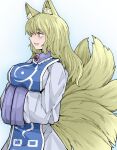  1girl :d alternate_hair_length alternate_hairstyle animal_ear_fluff animal_ears blonde_hair breasts commentary dress fang fe_(tetsu) fox_ears fox_tail hands_in_opposite_sleeves highres kitsune large_breasts long_sleeves medium_hair multiple_tails no_headwear open_mouth simple_background smile solo symbol-only_commentary tabard tail touhou white_background white_dress yakumo_ran yellow_eyes 
