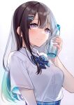  1girl absurdres bangs bottle bow breasts brown_hair closed_mouth gradient gradient_background hair_ornament hand_up highres holding kisaragi_yuri light_smile looking_at_viewer medium_breasts original scan school_uniform shiny shiny_hair shirt short_sleeves simple_background solo upper_body violet_eyes water water_bottle water_drop x_hair_ornament 