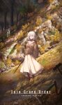  1girl alternate_costume autumn brown_cardigan cardigan character_name closed_eyes copyright_name dress fate/grand_order fate_(series) forest full_body highres jeanne_d&#039;arc_alter_(fate) long_sleeves nature ru_251 scabbard sheath sheathed short_hair smile solo standing sword tree weapon white_dress white_hair 