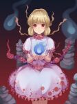  1girl absurdres blonde_hair blush dress ebisu_eika feet_out_of_frame frilled_dress frilled_sleeves frills highres koizumo long_earlobes long_hair open_mouth puffy_short_sleeves puffy_sleeves red_eyes short_sleeves smile solo stone touhou white_dress 