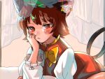  1girl :t animal_ears brown_hair cat_ears cat_tail chen curtains earrings hat jewelry kashiwara_mana looking_at_viewer mob_cap multiple_tails nekomata short_hair single_earring solo tail touhou 