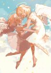  2girls amapan_0 angel angel_wings blonde_hair blue_sky closed_eyes clouds cloudy_sky copyright_request dress feathered_wings halo high_heels highres looking_at_another multiple_girls open_mouth short_hair siblings sky smile twins white_dress white_footwear wings 