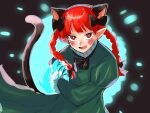 1girl animal_ears black_bow bow braid cat_ears cat_tail dress extra_ears fang green_dress hair_bow highres kaenbyou_rin kashiwara_mana long_sleeves multiple_tails nekomata pointy_ears red_eyes redhead smile solo tail touhou twin_braids two_tails 