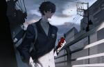  1boy absurdres amamiya_ren bird black_hair black_jacket breast_pocket building chinese_commentary closed_mouth clouds cloudy_sky expressionless fence film_grain glasses grey_eyes hand_in_pocket highres holding holding_phone jacket male_focus messy_hair outdoors persona persona_5 phone pocket power_lines qi_id_wuneng scenery school_uniform short_hair shuujin_academy_uniform sky solo utility_pole 