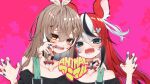  ahoge animal_(vocaloid) animal_ears bandaid bandaid_on_arm bangs black_hair black_shirt blue_eyes brown_eyes brown_hair choker claw_pose drooling fangs feather_hair_ornament feathers finger_in_another&#039;s_mouth hair_down hair_ornament hairclip hakos_baelz heart heart_choker heart_o-ring heart_ring_choker hololive hololive_english jirai_kei long_hair mouse_ears mouse_girl multicolored_hair multicolored_nails nanashi_mumei off-shoulder_shirt off_shoulder official_alternate_costume official_art pink_background redhead saliva shirt song_name streaked_hair suspenders suspenders_slip tsune_(tune) very_long_hair virtual_youtuber white_hair 