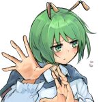  1girl androgynous antennae bangs blush cape closed_mouth collared_shirt commentary_request expressionless eyes_visible_through_hair flying_sweatdrops ginnkei green_eyes green_hair long_sleeves looking_to_the_side red_cape shirt short_hair simple_background solo touhou upper_body white_background white_shirt wriggle_nightbug 