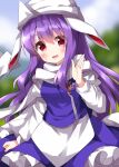  1girl animal_ears apron bangs blue_skirt blue_vest blush breasts cosplay hat highres juliet_sleeves lapel_pin letty_whiterock letty_whiterock_(cosplay) long_hair long_sleeves medium_breasts one-hour_drawing_challenge open_mouth puffy_short_sleeves puffy_sleeves purple_hair rabbit_ears red_eyes reisen_udongein_inaba ruu_(tksymkw) scarf shirt short_sleeves skirt skirt_set solo touhou very_long_hair vest waist_apron white_apron white_headwear white_scarf white_shirt 