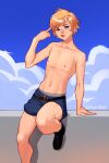  1boy blonde_hair blue_eyes degscellence highres looking_at_viewer navel original scar scar_on_chest shorts solo 