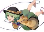  1girl :d barefoot black_headwear blouse blush bow floral_print frilled_shirt_collar frilled_sleeves frills full_body green_eyes green_hair green_skirt hat hat_bow hat_ribbon highres komeiji_koishi long_sleeves looking_at_viewer octo_eight open_mouth outstretched_arms ribbon shirt short_hair simple_background skirt sleeves_past_wrists smile solo string third_eye touhou white_background wide_sleeves yellow_bow yellow_shirt 