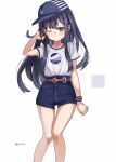  1girl akatsuki_(kancolle) alternate_costume anchor_ornament baseball_cap black_hair black_headwear blue_shorts commentary_request cowboy_shot denim denim_shorts hat highres kantai_collection long_hair looking_at_viewer one_eye_closed shirt shorts simple_background solo standing sugue_tettou white_background white_shirt 