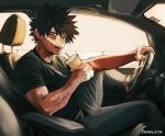  1boy artist_name black_hair blue_eyes boku_no_hero_academia burn_scar car_interior cheek_piercing dabi_(boku_no_hero_academia) drink driving highres holding holding_drink looking_at_viewer male_focus multiple_scars scar sharl0ck sitting solo spiky_hair staple stapled tongue tongue_out 