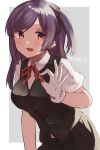  1girl black_skirt black_vest blush border brown_eyes buttons collared_shirt gloves hagikaze_(kancolle) highres kantai_collection long_hair one-hour_drawing_challenge one_side_up open_mouth purple_hair red_ribbon ribbon shirasumato shirt short_sleeves skirt smile solo upper_body vest white_border white_gloves white_shirt 