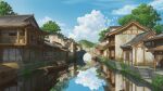  absurdres arch architecture blue_sky boat bridge building clouds cobblestone day east_asian_architecture highres house mountain no_humans original outdoors reflection reflective_water river scenery sky stairs town tree water watercraft xingzhi_lv 